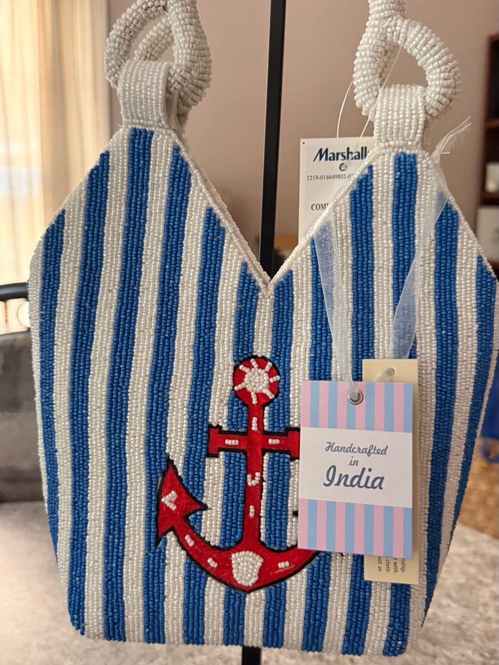 Marshall Blue and White Beaded Tote with Red Anchor